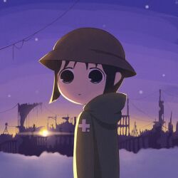 Rule 34 | 1girl, black eyes, black hair, blurry, blurry background, building, chibi, chito (shoujo shuumatsu ryokou), city, cloud, depth of field, expressionless, fog, hat, looking at viewer, military hat, military uniform, oathlox, outdoors, ruins, scenery, shoujo shuumatsu ryokou, sky, star (sky), starry sky background