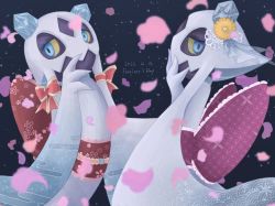 2girls artist_name back_bow blue_background blue_eyes blurry blurry_foreground bow character_name colored_sclera colored_skin dated egasumi english_text falling_petals female_focus floral_print flower frilled_bow frills from_side froslass gen_4_pokemon hair_flower hair_ornament half-closed_eyes hand_to_own_mouth hand_up ice lemonade_kokoi looking_at_viewer looking_to_the_side multiple_girls nintendo obi orange_flower petals pink_bow pokemon pokemon_(creature) profile purple_skin red_bow sash seigaiha signature twitter_username yellow_sclera