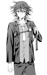 1boy closed_mouth collared_shirt cowboy_shot dress_shirt greyscale hair_between_eyes high_collar highres honosuke_(tns4b) jacket koide_natsuno long_sleeves looking_at_viewer male_focus monochrome necktie pants shiki_(novel) shirt short_hair simple_background solo standing white_background