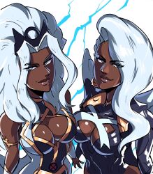 2girls animification blue_eyes bodysuit breasts cape cleavage dark-skinned_female dark_skin dual_persona earrings female_focus highres jewelry large_breasts long_hair looking_at_viewer marvel marvel_rivals marvel_tokon:_fighting_souls multiple_girls smile storm_(x-men) superhero_costume tina_fate very_dark_skin white_hair x-men