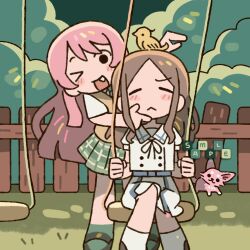 2girls bang_dream! bang_dream!_it&#039;s_mygo!!!!! blush brown_hair chihaya_anon closed_eyes dress fang haneoka_school_uniform highres long_hair multiple_girls nagasaki_soyo one_eye_closed open_mouth parrycat pink_hair school_uniform tsukinomori_school_uniform