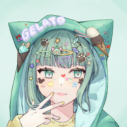 Rule 34 | 1girl, animal ears, animal hood, animification, cat ears, cat hood, decora, duffy and friends, gelatoni, genderswap, highres, hime cut, hiroha (hiro pon ta), hood, humanization, looking at viewer, personification, shirt, short hair, simple background, smile, solo