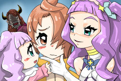 Rule 34 | 2girls, baby, blue background, ellee-chan, hijiri ageha, hirogaru sky! precure, joukimusume (1578468), multiple girls, orange hair, precure, seductive face, tempti of joy, yuunagi tsubasa