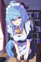 1girl :o absurdres ahoge alternate_costume apron bell black_dress blue_hair blush breasts cleavage commentary_request cowbell day dress enmaided frilled_apron frilled_hairband frills ganyu_(genshin_impact) genshin_impact goat_horns hair_between_eyes hairband hands_on_own_knees highres horns indoors leaning_forward long_hair looking_at_viewer maid maid_headdress medium_breasts neck_bell niadn_nb open_mouth purple_eyes signature solo very_long_hair white_apron white_hairband