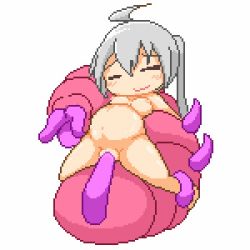 ahoge animated animated_gif bare_shoulders bluelab blush breasts hair_between_eyes looping_animation lowres medium_breasts monster navel nipples open_mouth original pixel_art pregnant pussy_juice restrained side_ponytail silver_hair simple_background slug smile tentacles ugoira uncensored vaginal white_background yellow_eyes