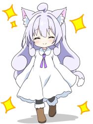 1girl ^_^ ahoge animal_ear_fluff animal_ears black_pantyhose blush boots brown_boots cat_ears cat_girl cat_tail closed_eyes closed_mouth collared_dress commentary_request dress facing_viewer full_body fur-trimmed_boots fur_trim highres kemonomimi_mode kotatsu-mazoku lilith_(machikado_mazoku) lilith_(machikado_mazoku)_(homunculus) long_hair long_sleeves machikado_mazoku neck_ribbon pantyhose purple_hair purple_ribbon ribbon round_collar sidelocks simple_background sleeves_past_fingers sleeves_past_wrists smile solo sparkle standing tail white_background white_dress