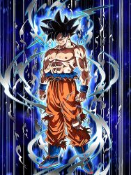 1boy abs artist_request aura black_hair blue_background blue_boots boots clenched_hands closed_mouth determined dougi dragon_ball dragon_ball_z_dokkan_battle frown full_body game_cg grey_eyes karate_gi looking_at_viewer male_focus muscular muscular_male nipples official_art pectorals short_hair smoke solo son_goku spiked_hair standing topless_male torn_clothes