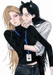 2girls aespa animal_ears black_hair black_shirt blonde_hair blush cat_ears closed_eyes closed_mouth grey_eyes grey_pants hand_on_another&#039;s_face highres hug hug_from_behind id_card karina_(aespa) kemonomimi_mode lanyard lee_q_p long_hair long_sleeves mole mole_under_eye multiple_girls pants parted_lips real_life shirt simple_background sleeves_rolled_up sweatdrop white_background white_shirt winter_(aespa) yuri