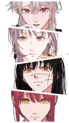 absurdres chainsaw_man closed_mouth death_devil_(chainsaw_man) earrings facial_scar fami_(chainsaw_man) food highres holding holding_food holding_pizza jewelry long_hair looking_at_viewer makima_(chainsaw_man) multiple_moles nabe92213 open_mouth pizza pizza_slice red_eyes red_hair ringed_eyes scar scar_on_cheek scar_on_face scar_on_nose sidelocks simple_background smile white_background yellow_eyes yoru_(chainsaw_man)