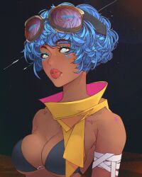 1girl armpit_crease bandaged_arm bandages bare_shoulders black_background black_bra blue_eyeliner blue_eyes blue_hair bra breasts cleavage dark-skinned_female dark_skin elliemaplefox eyelashes eyeliner eyewear_on_head gradient_background highres large_breasts looking_to_the_side makeup original parted_lips red_lips shooting_star short_hair sideboob solo underboob underwear upper_body yellow_collar