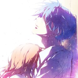 1boy 1girl blue_hair clannad crying from_side furukawa_nagisa h_sueun okazaki_tomoya shirt white_shirt
