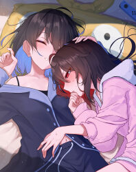 2girls absurdres black_hair blue_hair blue_shirt blue_shorts blush closed_eyes collarbone colored_inner_hair from_above hand_on_another&#039;s_head hand_on_another&#039;s_stomach hands_up highres homu_(honkai_impact) honkai_(series) honkai_impact_3rd long_hair looking_ahead multicolored_hair multiple_girls nagonako navel nintendo_switch on_bed pajamas parted_lips pink_shirt pink_shorts red_eyes red_hair seele_(alter_ego) seele_vollerei shirt shirt_slip short_hair shorts sleeping thumb_sucking