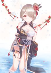 1girl absurdres alternate_eye_color arms_under_breasts asymmetrical_sleeves bandages bare_shoulders black_gloves black_kimono breasts brown_hair cleavage closed_mouth fingerless_gloves fishnet_gloves fishnets flower gloves hair_ornament hair_over_one_eye highres honkai_(series) honkai_impact_3rd japanese_clothes kimono kunai leaning_forward mole mole_under_eye mrotan pink_flower red_eyes red_flower rita_rossweisse rita_rossweisse_(hanafuda_oyabun) rita_rossweisse_(umbral_rose) smile soaking_feet solo twig uneven_sleeves wading water weapon