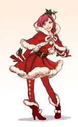 belt boots bracelet braid dress fur_trim gloves hairband high_heel_boots high_heels hosokawa_gracia jewelry mistletoe mistletoe_hair_ornament red_boots red_dress red_eyes red_gloves red_hair red_thighhighs santa_costume santa_dress sengoku_musou shawl smile thighhighs thighs
