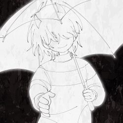 Rule 34 | 1other, closed mouth, commentary, deltarune, demon horns, elle (e11elll), english commentary, greyscale, hair over eyes, highres, holding, holding umbrella, horns, kris (deltarune), monochrome, other focus, outstretched arm, short hair, smile, solo, striped clothes, striped sweater, sweater, turtleneck, turtleneck sweater, umbrella