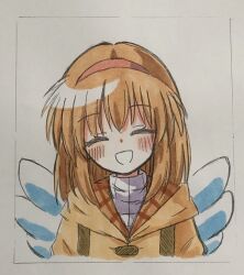 1girl blush brown_hair closed_mouth facing_viewer hairband highres jacket kanon open_mouth red_hairband short_hair sidelocks smile solo traditional_media tsukimiya_ayu upper_body white_wings wings yellow_jacket ys_tenyen
