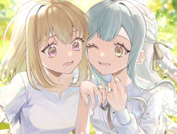 2girls ;d bang_dream! bang_dream!_it&#039;s_mygo!!!!! black_ribbon blonde_hair blurry bob_cut bokeh ccc_cloudy couple dandelion_seed day depth_of_field flower_ring hair_ribbon hand_up highres jewelry long_hair long_sleeves looking_ahead misumi_uika multiple_girls neck_ribbon one_eye_closed one_side_up open_mouth ornate_ring pinky_swear purple_eyes ribbon ring shirt short_hair short_sleeves side-by-side sleeve_cuffs smile t-shirt togawa_sakiko wedding_ring yellow_eyes yuri