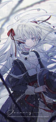 1girl black_dress black_hat commission dress floating_hair grey_eyes hair_ribbon hat highres holding holding_unworn_clothes holding_unworn_hat juliet_sleeves layered_dress long_hair long_sleeves looking_at_viewer original puffy_sleeves red_ribbon ribbon silk solo spider_web teardrop_facial_mark umehara_sei unworn_hat unworn_headwear upper_body white_dress white_hair