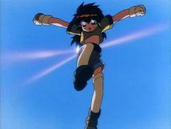 1990s_(style) 2girls android animated ass bare_shoulders big_hair blue_hair blue_sky breasts brown_hair cleavage female_focus fighting gloves hairband happy jumping kicking lime_(saber_r) long_hair looking_at_another looking_at_viewer lun_(saber_r) medium_hair multiple_girls no_humans panties red_eyes retro_artstyle saber_marionette_r sky smile underwear very_long_hair video violence white_panties