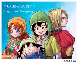 1girl 3boys :d :t anniversary aqua_eyes arms_up black_eyes black_hair blonde_hair blue_background blue_cape bonnet border cape child clenched_hand commentary_request copyright_name crossed_arms curly_hair dated dragon_quest dragon_quest_vii gabo green_hat green_tabard green_tunic hat hat_flaps hero_(dq7) highres kiefer long_hair looking_at_another looking_back looking_to_the_side maribel_(dq7) multiple_boys open_mouth orange_hair orange_trim pekuchin_(pekuchin_3) puffy_short_sleeves puffy_sleeves red_tunic short_hair short_sleeves smile tabard teeth tunic upper_body v white_border yellow_bonnet