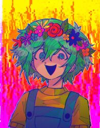 1boy :d basil_(faraway)_(omori) basil_(omori) blue_overalls crazy_eyes daisy_(flower) distortion flower glitch green_hair head_wreath highres leaf looking_at_viewer male_focus messy_hair omori open_mouth overalls popauuu primrose_(flower) rose saturated shirt short_hair smile solo upper_body yellow_shirt