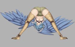 1girl absurdres ahoge ass bird_legs blue_hair blue_wings breasts commentary english_commentary feathered_wings feathers from_behind grey_background harpy highres keruburemu looking_at_viewer monster_girl monster_musume_no_iru_nichijou navel nipples open_mouth papi_(monster_musume) scales shorts simple_background small_breasts solo talons upshirt winged_arms wings yellow_eyes