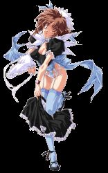 1girl black_skirt blue_eyes breasts brown_hair cleavage double_bun feet female_focus full_body garter_straps groin hair_bun hat high_heels large_breasts leg_up legs looking_at_viewer nanako nanako_kaitai_shinsho nurse nurse_cap one_eye_closed orenjipiiru panties parted_lips skirt smile solo standing thighhighs thighs transparent_background underwear undressing watch wink wristwatch