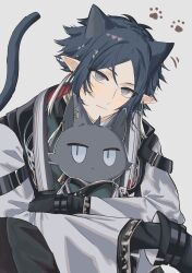 1boy absurdres animal_ears arknights aryo_77c black_gloves blue_eyes blue_hair cat_boy cat_ears cat_tail character_doll chinese_commentary choshanland_plushy_(arknights) coat commentary_request crossed_arms doll gloves green_shirt grey_background highres holding holding_doll looking_at_viewer male_focus pawpads pointy_ears shirt simple_background solo tail upper_body white_coat zuo_le_(arknights) zuo_le_(youthful_journey)_(arknights)