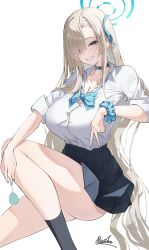1girl absurdres asuna_(blue_archive) asuna_(school_uniform)_(blue_archive) blonde_hair blue_archive blue_bow blue_bowtie blue_eyes blue_halo blue_nails blue_ribbon blue_skirt blush bow bowtie breasts candy choker cleavage collarbone food grin hair_over_one_eye hair_ribbon halo highres holding holding_candy holding_food holding_lollipop huge_breasts large_breasts lollipop long_hair looking_at_viewer loose_bowtie pleated_skirt ribbon saico_isshin scrunchie shirt skirt sleeves_rolled_up smile solo thighs v very_long_hair white_shirt wrist_scrunchie