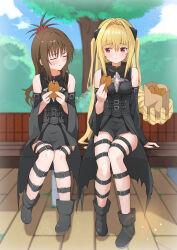 2girls :t absurdres bare_shoulders bench black_boots black_sleeves blonde_hair blue_sky boots breasts brown_eyes brown_hair closed_eyes clothing_cutout commentary_request cosplay detached_sleeves eating facing_viewer food hair_intakes hair_ornament hand_fan highres holding holding_food ivu_(eve0315y) konjiki_no_yami konjiki_no_yami_(cosplay) leg_belt long_hair looking_at_another multiple_girls on_bench outdoors paper_fan prehensile_hair sideways_glance sitting sky small_breasts smile star_cutout sweatdrop taiyaki thigh_strap to_love-ru to_love-ru_darkness topknot tree two_side_up wagashi wooden_bench yuuki_mikan