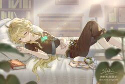 Rule 34 | 1boy, aether (genshin impact), ahoge, alternate hairstyle, artist name, baggy pants, barefoot, belt, blanket, blonde hair, blurry, blurry foreground, book, bookshelf, brown belt, brown pants, brown shirt, chest of drawers, clenched hand, closed eyes, closed mouth, collarbone, commentary request, genshin impact, gold trim, hair between eyes, hand on own stomach, highres, indoors, lamp, leaf, long hair, lying, male focus, midriff, on back, on bed, pants, picture frame, pillow, shadow, shirt, short sleeves, sleeping, solo, star (symbol), sunlight, watermark, zashikino shiki