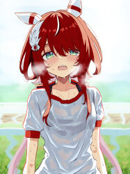 Rule 34 | 1girl, blurry, blurry background, blush, collarbone, commentary request, green eyes, hair between eyes, hair ornament, jacket, long hair, looking at viewer, open mouth, red hair, shiroiro en, solo, sweat, track jacket, umamusume, very sweaty, win variation (umamusume)