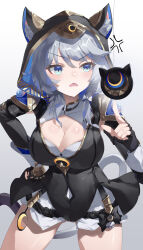 1girl absurdres anger_vein animal_ear_fluff animal_ears animal_hood black_gloves black_leotard blue_eyes breasts cat_ears cat_girl cat_hood cat_tail cipher_(honkai:_star_rail) cleavage coin cowboy_shot feibai fingerless_gloves gloves grey_hair highres honkai:_star_rail honkai_(series) hood large_breasts leotard missing_commentary open_mouth short_hair_with_long_locks shorts simple_background solo tail thighs white_background white_shorts