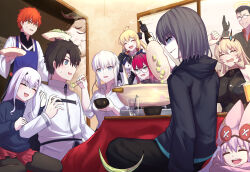 4boys 6+girls absurdres apron arm_hug artoria_caster_(fate) artoria_caster_(second_ascension)_(fate) artoria_pendragon_(fate) baobhan_sith_(fate) baobhan_sith_(swimsuit_pretender)_(fate) baobhan_sith_(swimsuit_pretender)_(second_ascension)_(fate) barghest_(fate) barghest_(second_ascension)_(fate) beryl_gut black_gloves black_hair black_hoodie blonde_hair blue_apron blue_eyes blue_sweater blush bottle bowl breasts cernunnos_(fate) chopsticks closed_mouth emiya_shirou eyeshadow fang fate/grand_order fate_(series) feeding fujimaru_ritsuka_(male) ghost glasses gloves grey_eyes grey_hair habetrot_(fate) hair_ribbon halo hat highres holding holding_bottle holding_bowl holding_plate hood hoodie kotatsu large_breasts long_hair makeup melusine_(fate) microphone morgan_le_fay_(chaldea_satellite_station)_(fate) morgan_le_fay_(fate) multiple_boys multiple_girls natu_zame oberon_(fate) oberon_(moody_summer_oberon)_(fate) oberon_(third_ascension)_(fate) office_lady open_mouth orange_hair pink_hair pink_hat plate ponytail ribbon round_eyewear senji_muramasa_(fate) shirt short_hair sidelocks sitting smile sweat sweater table tearing_up twintails wavy_mouth white_hair white_shirt yellow_eyes