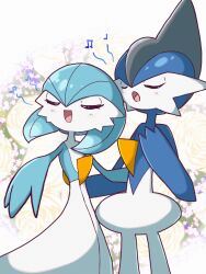 1boy 1girl :o alternate_color arm_around_waist arm_up blue_hair blue_skin blush bob_cut closed_eyes colored_skin flat_chest floral_background gallade gardevoir gen_3_pokemon gen_4_pokemon grey_hair hair_between_eyes hand_on_own_chest hand_up happy light_blush mohawk monya multicolored_hair multicolored_skin music musical_note nintendo open_mouth outstretched_arm pokemon pokemon_(creature) shiny_pokemon short_hair singing smile spoken_musical_note standing textless_version two-tone_hair two-tone_skin u_u white_skin