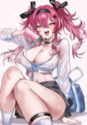 Rule 34 | 1girl, absurdres, bag, black choker, black hairband, black ribbon, blue bag, blue necktie, blush, breasts, can, choker, cleavage, collarbone, covered erect nipples, earrings, fangs, grey skirt, hair intakes, hair ribbon, hairband, haze (ohw8g), heart, highres, holding, holding can, jewelry, knees up, large breasts, long hair, long sleeves, looking at viewer, lupa (wuthering waves), midriff, necktie, open mouth, pink background, pink hair, pouring, pouring onto self, ribbon, shirt, shoulder bag, skirt, smile, socks, solo, teeth, thighs, tongue, tongue out, twintails, upper teeth only, white shirt, white socks, wuthering waves, yellow eyes