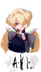1girl :p a.k.i._(street_fighter) a.k.i._(street_fighter)_(cosplay) absurdres aki_rosenthal blonde_hair breasts claw_ring cosplay floating_hair hair_ornament hair_over_one_eye highres hololive long_hair looking_at_viewer menomeno_draw simple_background smile solo street_fighter street_fighter_6 tongue tongue_out twintails virtual_youtuber white_background