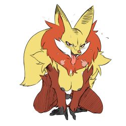 1girl :d breasts breath colorized creatures_(company) delphox fangs female_focus fox furry furry_female game_freak gen_6_pokemon highres kneeling looking_at_viewer naughty_face nintendo nipples open_mouth plague_of_gripes pokemon pokemon_(creature) sexually_suggestive smile solo sweat third-party_edit tongue tongue_out white_background