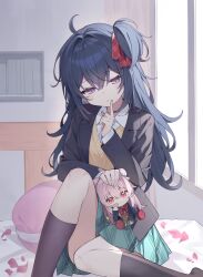 1girl ahoge black_hair black_jacket black_socks blush chinese_commentary closed_mouth commentary_request green_skirt happy_sugar_life highres holding holding_stuffed_toy index_finger_raised indoors jacket koube_shio long_hair long_sleeves looking_down maidcode1023 matsuzaka_satou on_bed one_side_up pout purple_eyes school_uniform shirt sitting skirt socks solo stuffed_toy white_shirt