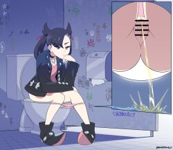 Rule 34 | 1girl, bar censor, bathroom, black boots, black hair, black jacket, boots, censored, choker, cleft of venus, close-up, dangerking11, dollar sign, dress, earrings, graffiti, green eyes, hair ribbon, head rest, jacket, jewelry, long hair, long sleeves, looking down, marnie (pokemon), multiple views, nintendo, open clothes, open jacket, panties, panty pull, peeing, pink dress, pink panties, pink ribbon, pointed footwear, pokemon, pokemon swsh, pussy, ribbon, shoes, sitting, star (symbol), toilet, toilet paper, toilet use, twintails, underwear