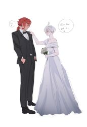 2girls ahoge bare_shoulders black_bow black_bowtie black_jacket black_pants black_shoes black_suit black_vs_white blush bouquet bow bowtie closed_eyes collared_shirt commentary dark-skinned_female dark_skin dress english_commentary female_focus flower formal_clothes full_body grey_eyes grin groom gundam gundam_suisei_no_majo hand_on_another&#039;s_shoulder hands_in_pockets heart highres holding holding_bouquet jacket long_hair miorine_rembran multiple_girls off-shoulder_dress off_shoulder open_mouth pants ponytail qnhuw red_hair shirt shoes short_hair simple_background smile speech_bubble standing suit suletta_mercury thick_eyebrows translation_request vest vietnamese_text waistcoat wedding_dress white_background white_dress white_flower white_hair white_shirt wife_and_wife yuri