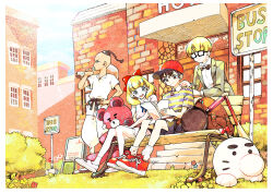 1girl 3boys absurdres aoki_ippei. bag baseball_bat baseball_cap bench black_bow black_hair black_shoes blonde_hair blue_eyes blue_ribbon bow brown_eyes building bus_stop doseisan dougi dress flower formal_clothes frying_pan glasses grass green_suit hair_ribbon hat highres holding holding_map holding_sack jeff_andonuts karate_gi map medium_hair mother_(series) mother_2 multiple_boys ness_(mother_2) nintendo open_mouth outdoors paula_(mother_2) pink_dress pink_shoes pointing poo_(mother_2) red_ribbon red_shoes ribbon sack shirt shoes sitting smile socks striped_clothes striped_shirt stuffed_animal stuffed_toy suit teddy_bear tree white_socks wooden_bench