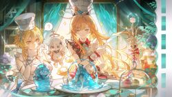 3girls ;q ? absurdres anger_vein apron aqua_eyes blonde_hair chef_hat chinese_commentary commentary_request escoffier_(genshin_impact) floating flower furina_(genshin_impact) genshin_impact hair_flower hair_ornament halo hand_on_own_chin hand_on_own_hip hat highres holding holding_knife ice_sculpture iron_hailai knife lumine_(genshin_impact) mechanical_halo multiple_girls one_eye_closed orange_eyes paimon_(genshin_impact) purple_eyes sparkle spoken_question_mark stroking_own_chin tongue tongue_out white_apron white_hair white_hat