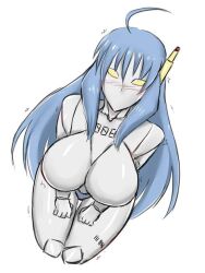 Rule 34 | 1girl, ahoge, android, antenna, blue hair, blush, breasts, clenched hands, gynoid, hands on lap, humanoid robot, kneecaps, kneeling, large breasts, long hair, looking at viewer, looking up, numbers, nutpi, original, robot, robot girl, tally, tally marks, yellow eyes