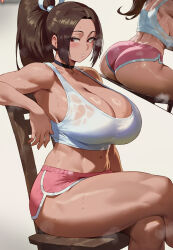 1girl armpits ass breasts brown_eyes brown_hair cleavage commentary crossed_legs dolphin_shorts fatal_fury fatal_fury:_city_of_the_wolves highres huge_breasts large_breasts long_hair midriff multiple_views navel on_chair pink_shorts ponytail shexyo shiranui_mai shorts sideboob simple_background sitting sports_bra sweat the_king_of_fighters thick_thighs thighs white_background white_sports_bra
