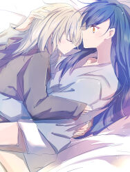 2girls azusawa_kohane blonde_hair blush closed_eyes closed_mouth commentary_request cuddling grey_hoodie grey_shirt hand_on_another&#039;s_head highres hood hoodie hug leg_between_thighs long_sleeves lying medium_hair multiple_girls on_bed on_side orange_eyes project_sekai shiraishi_an shirt shorts sleeping smile white_shorts xuan yuri