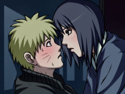 Rule 34 | 1boy, 1girl, against wall, age difference, black eyes, black hair, blonde hair, blue eyes, blush, couple, eye contact, facial mark, facing another, from side, hetero, imminent kiss, indoors, jacket, japanese clothes, kimono, leaning forward, leaning in, looking at another, matching hair/eyes, naruto (classic), naruto (series), naruto shippuuden, nervous, night, parted lips, room, shadow, shizune (naruto), short hair, sweat, tk (tk&#039;s level4), upper body, uzumaki naruto, wall, whisker markings, whiskers