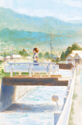 1girl blue_bow blue_bowtie blue_sailor_collar blue_skirt bow bowtie bridge brown_hair day fjsmu highres looking_at_viewer looking_to_the_side original outdoors pastel_(medium) pleated_skirt power_lines river sailor_collar sailor_shirt scenery school_uniform serafuku shirt short_hair skirt solo susuki_grass town townscape traditional_media utility_pole walking white_shirt