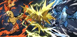 animal_focus articuno beak bird claws creatures_(company) fire game_freak gen_1_pokemon highres legendary_pokemon moltres nintendo no_humans open_mouth pokemon pokemon_(creature) sketch tesshii_(riza4828) thunder wings zapdos