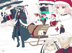 ahoge amakusa_shirou_(fate) antlers asclepius_(fate) ayamatazu bell christmas cloak collar dynamite edmond_dantes_(fate) explosive fate/grand_order fate_(series) first_aid_kit florence_nightingale_(fate) florence_nightingale_(santa)_(fate) gas_mask gloves hat horns jeanne_d&#039;arc_(fate) jeanne_d&#039;arc_alter_santa_lily_(fate) mask neck_bell sack santa_costume santa_hat scarf shaded_face sled smile snow